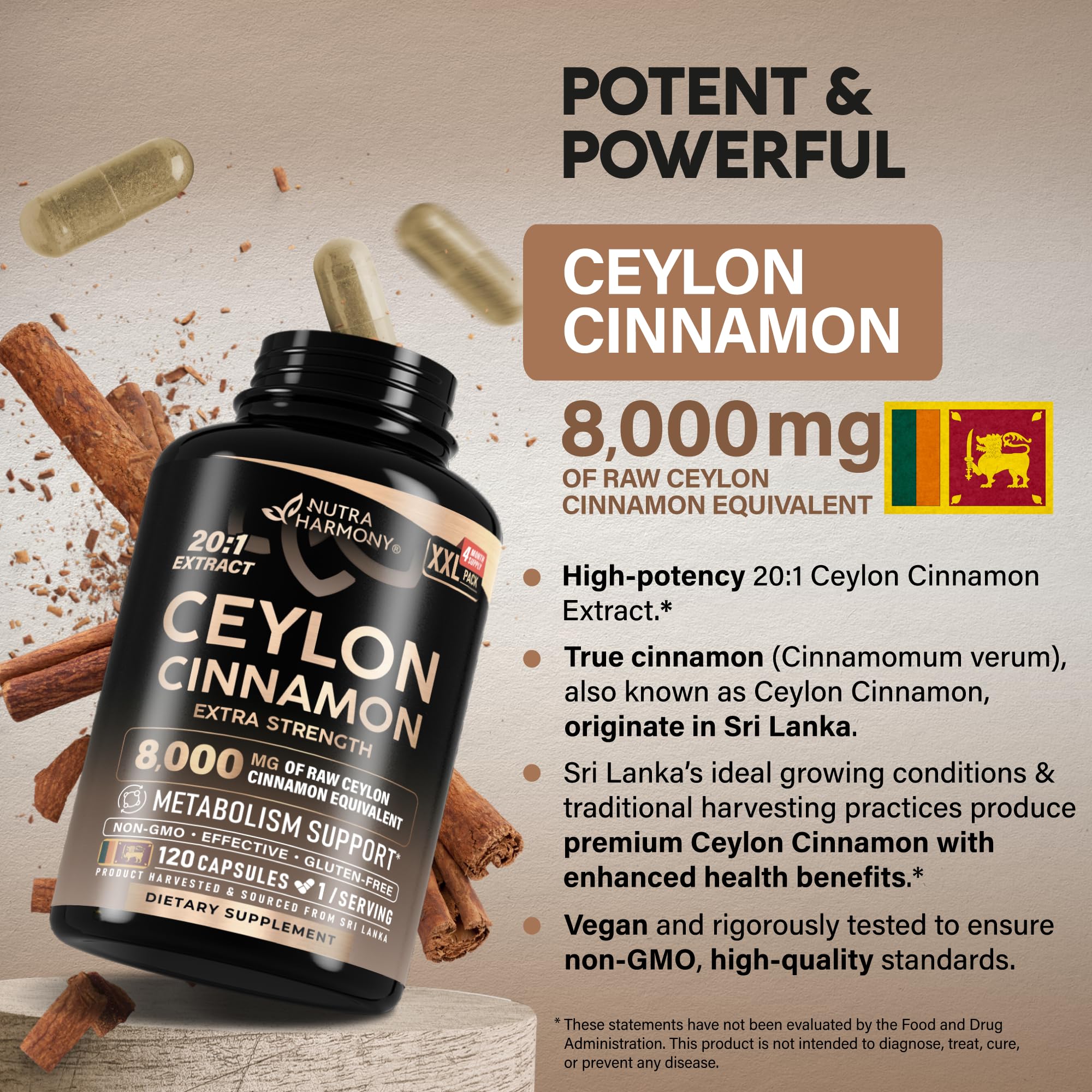 NutraHarmony Ceylon Cinnamon capsules in hand for convenient daily wellness.