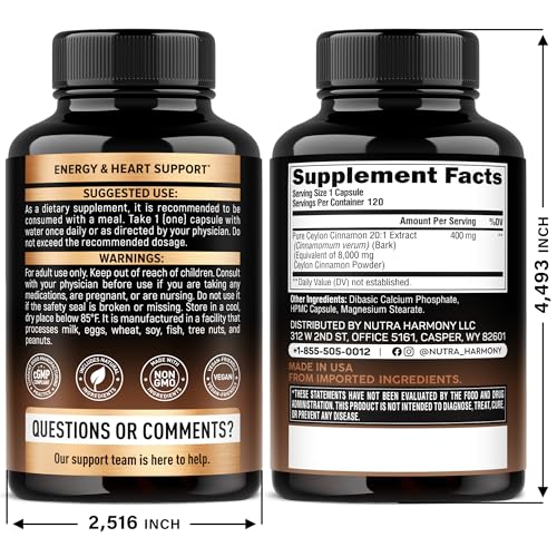 NutraHarmony Ceylon Cinnamon capsules label closeup highlighting organic purity and potency.
