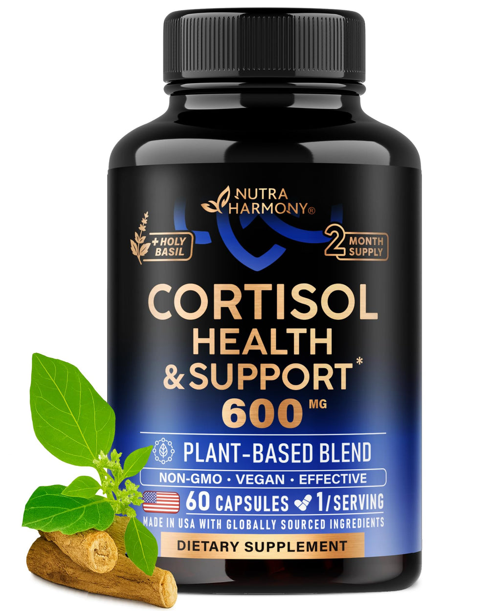 NutraHarmony cortisol supplement bottle for daily balance and mood support.