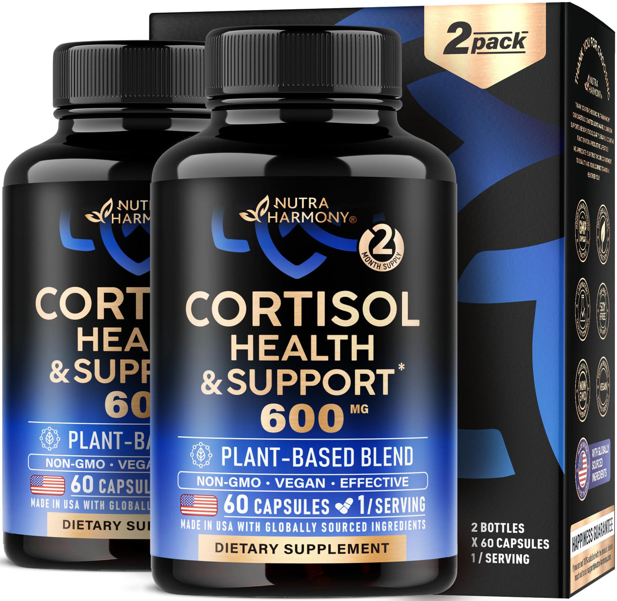 NutraHarmony cortisol support bottle promotes daily mood balance and calm.