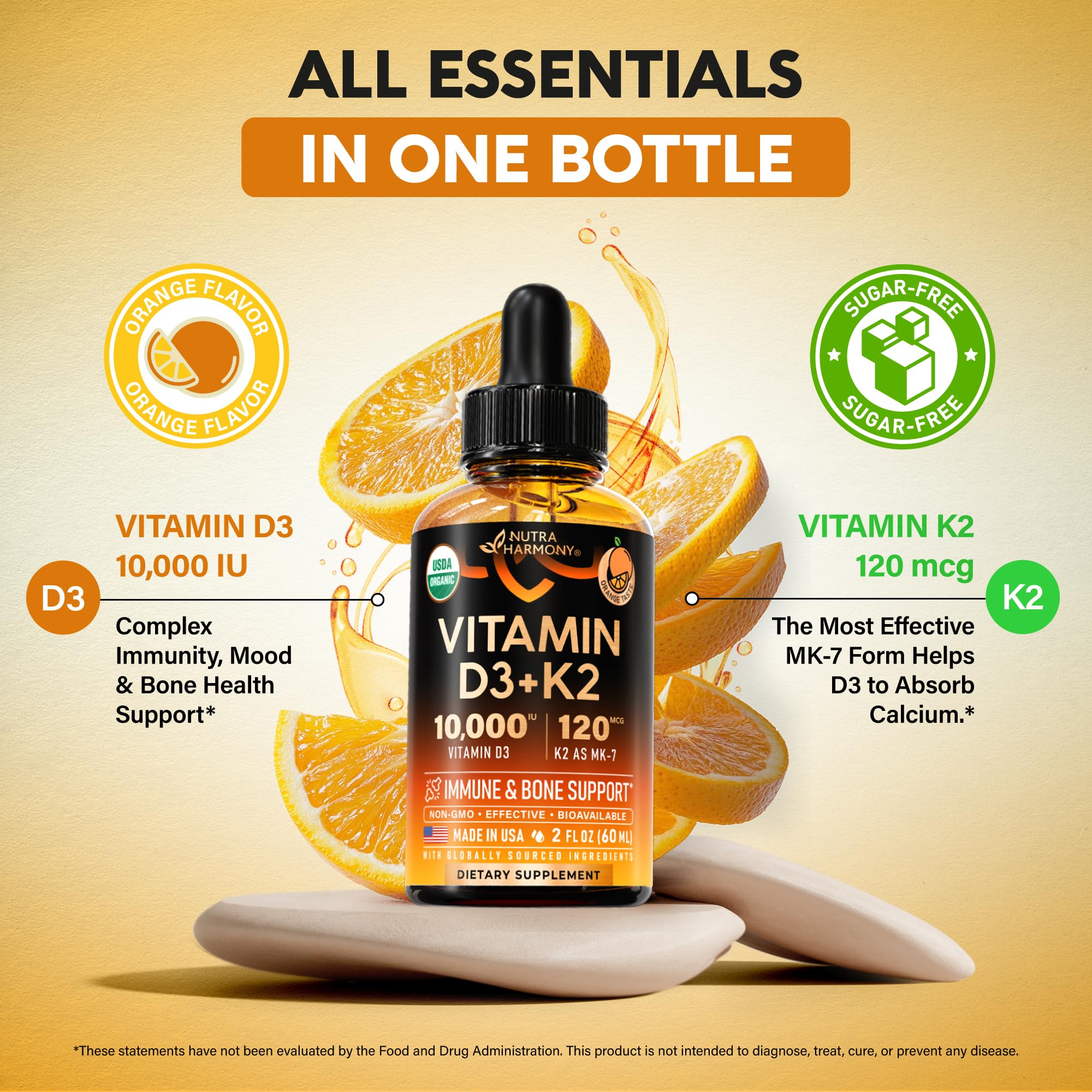 NutraHarmony D3 K2 drops orange flavor makes taking supplementation more enjoyable.