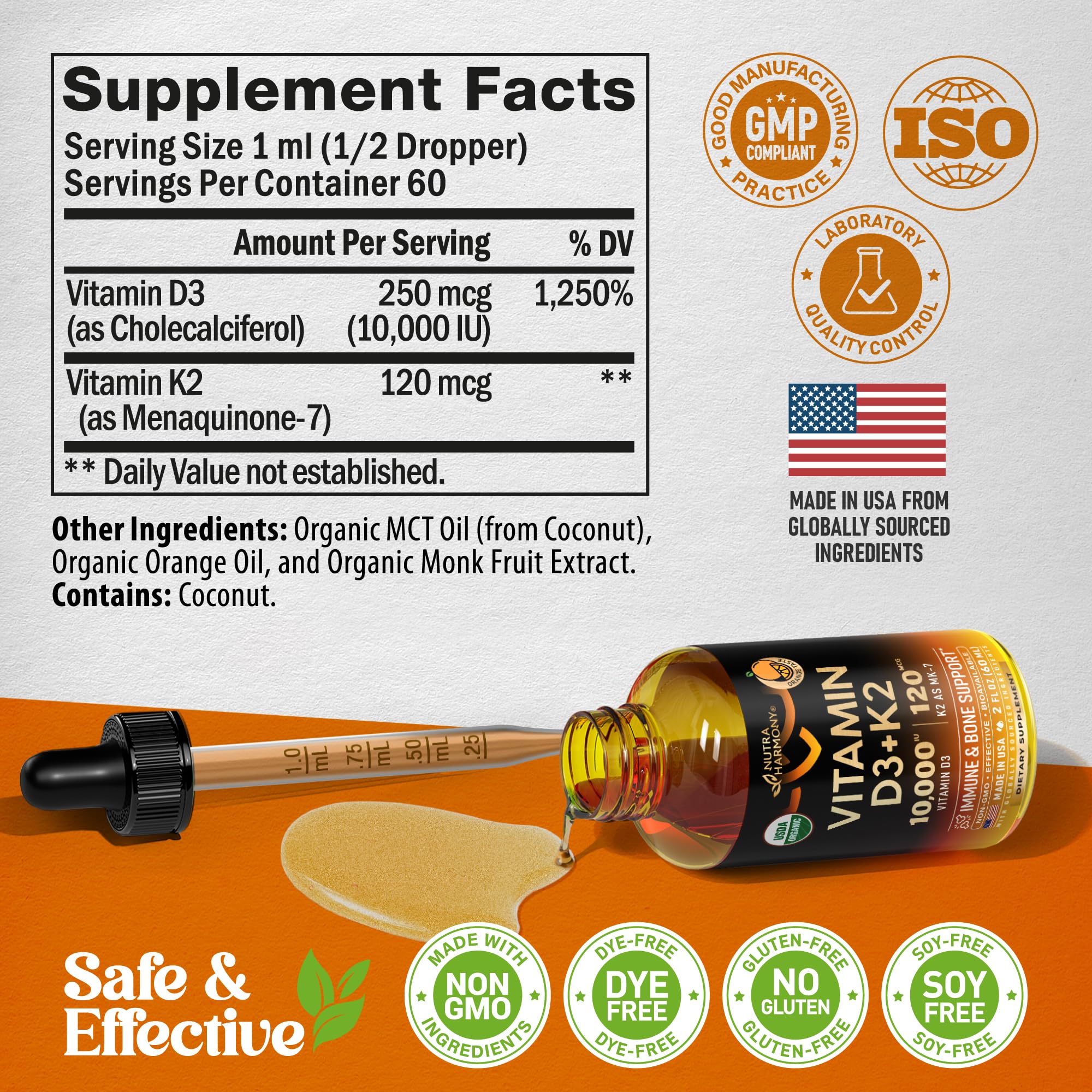 NutraHarmony D3 K2 drops dropper ready for morning routine and energy balance.
