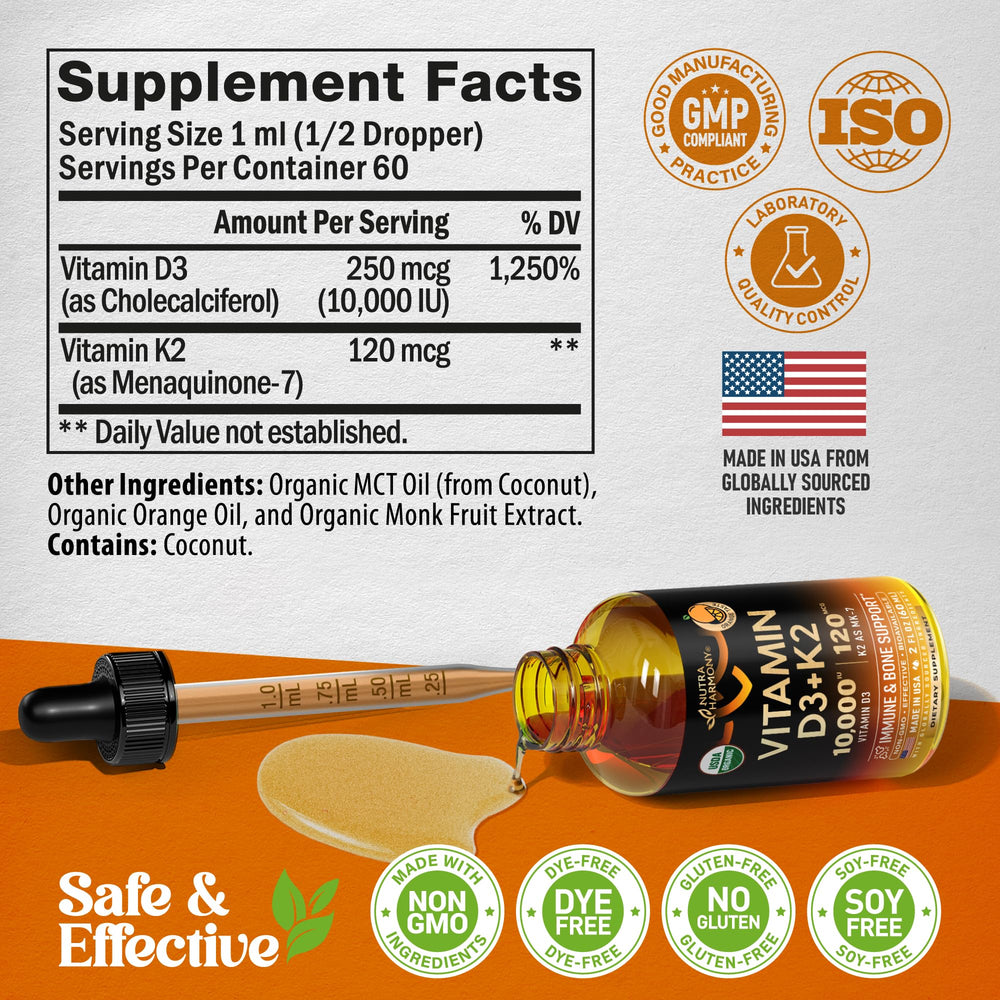 NutraHarmony D3 K2 drops dropper ready for morning routine and energy balance.