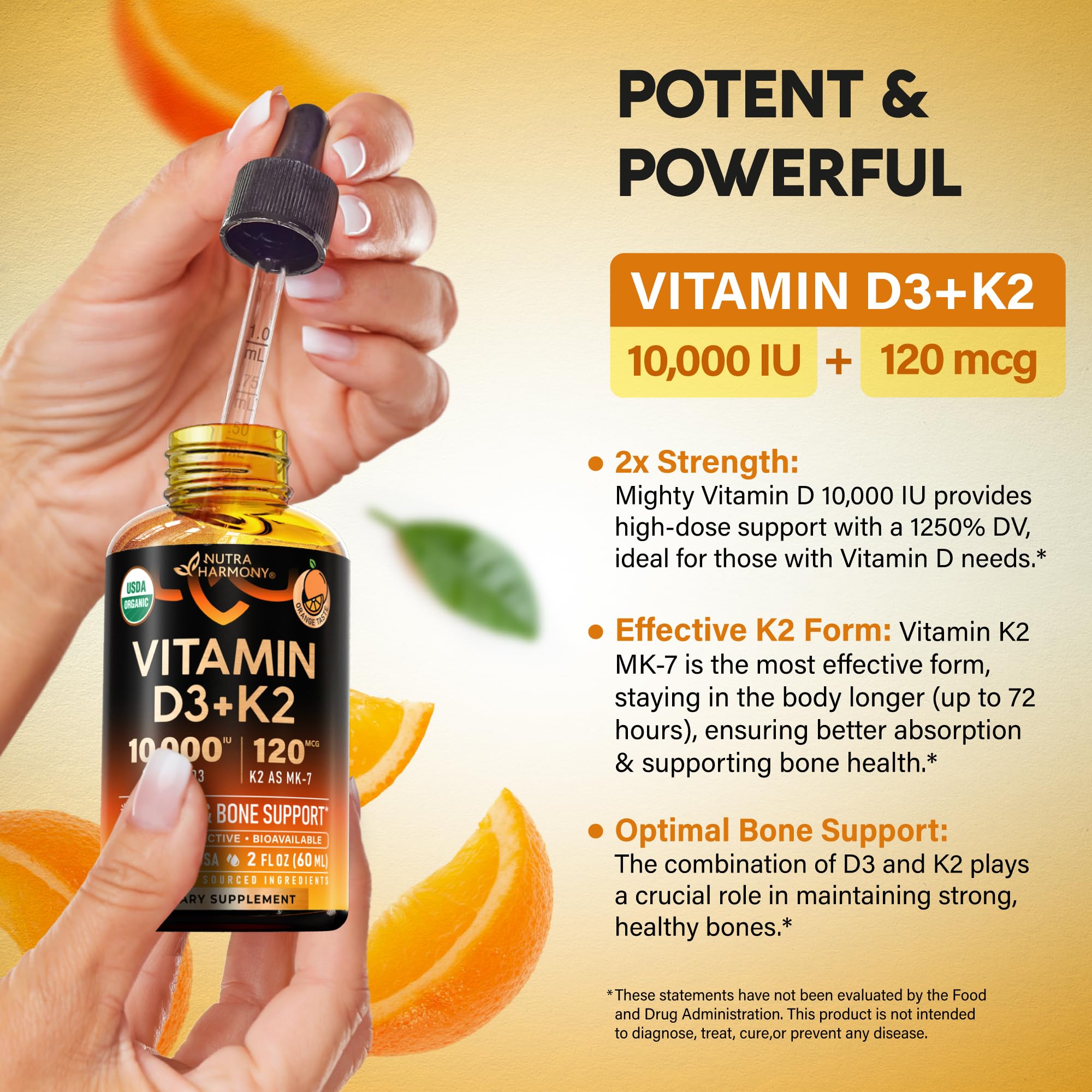 NutraHarmony D3 K2 bottle close-up highlights organic certification and USA manufacturing.