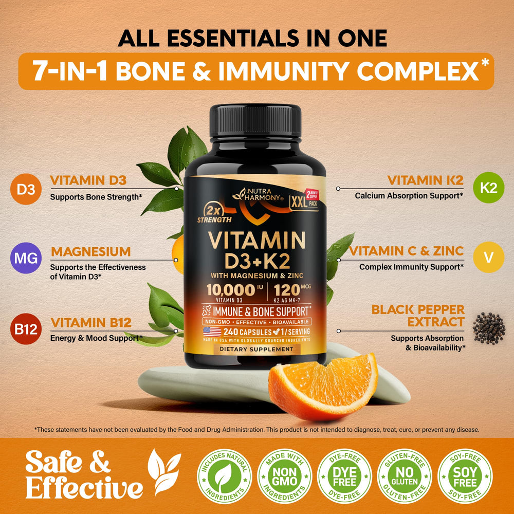 Nutraharmony-d3k2 ingredients label highlights key nutrients and absorption enhancers.