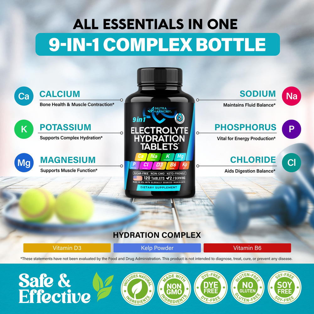 NUTRAHARMONY electrolytes bottle label highlights USA-made, keto-friendly hydration support.