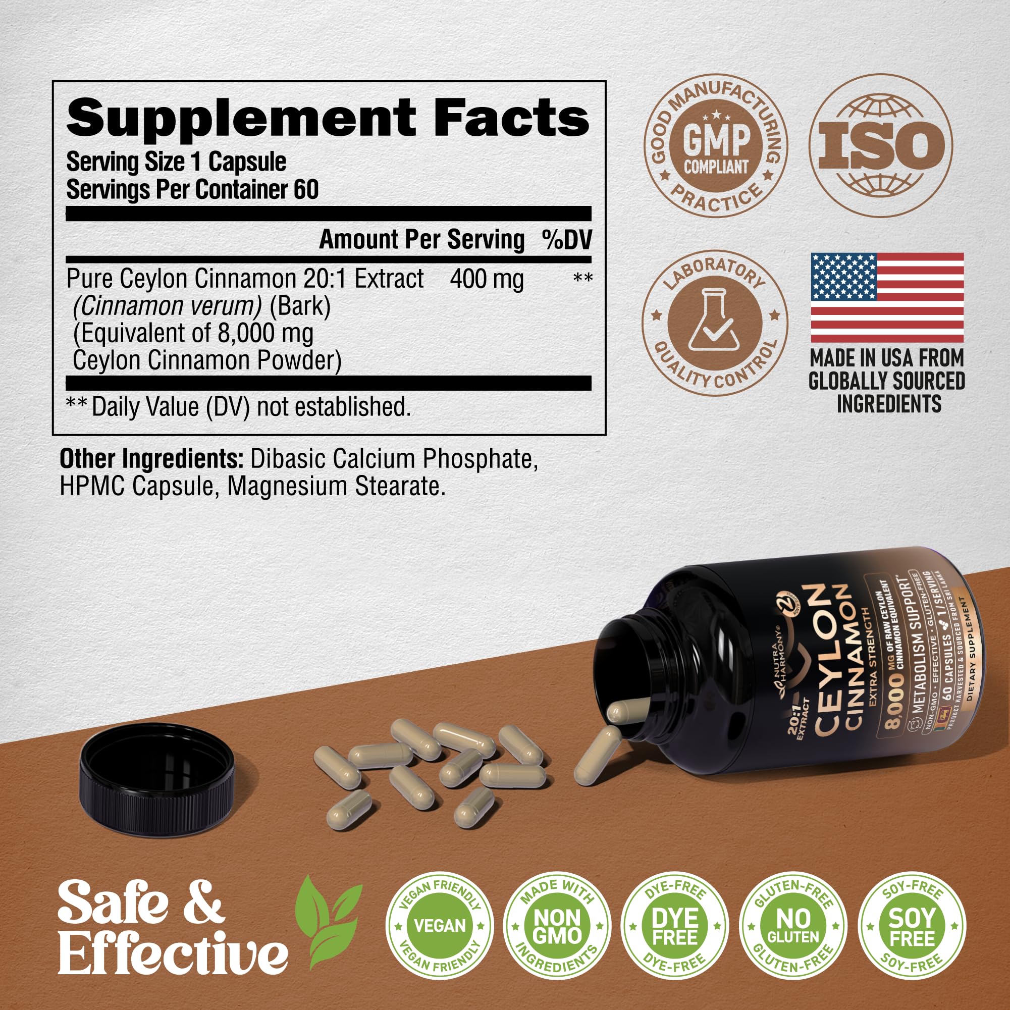 NutraHarmony gluten-free and dairy-free symbol on packaging.