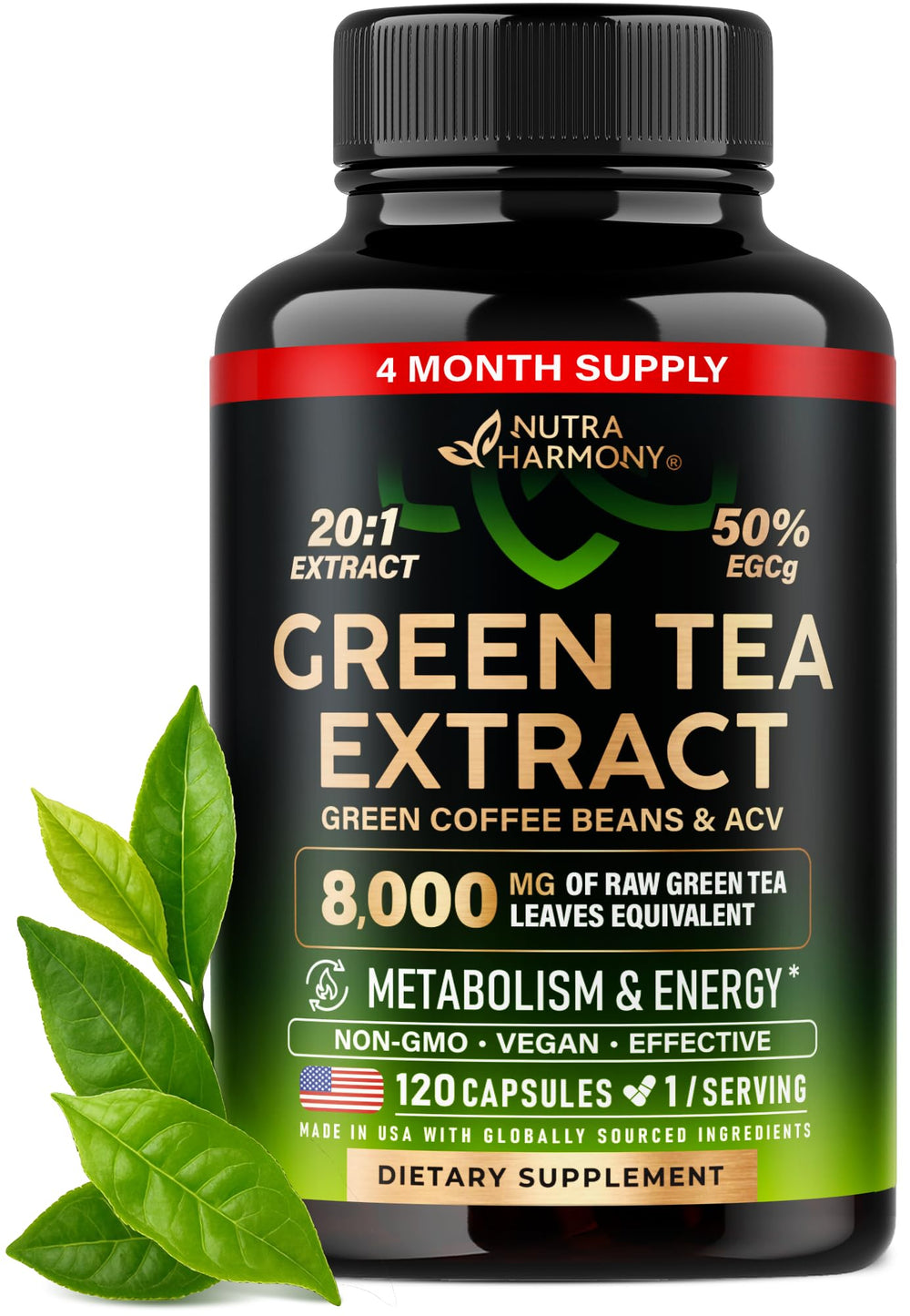 NUTRAHARMONY Green Tea Extract bottle-front for daily energy support.