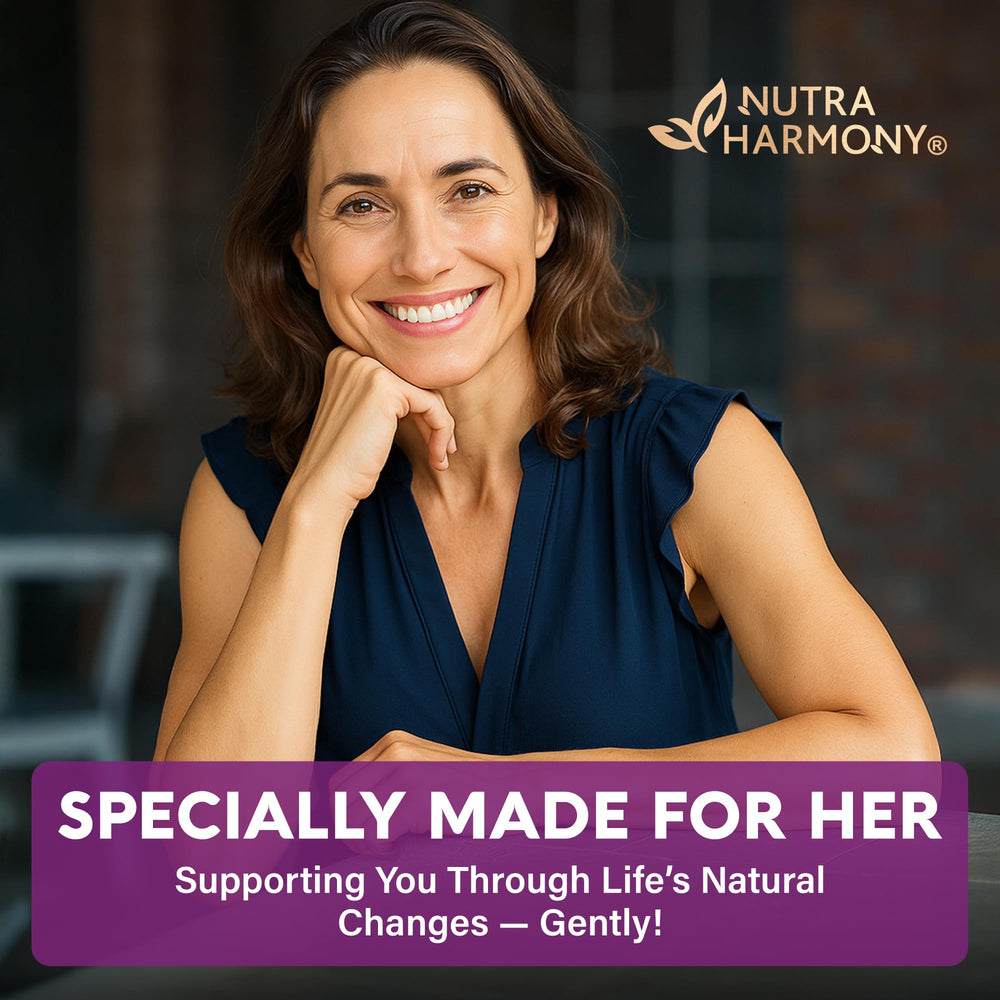 NUTRAHARMONY herbal-formula ingredients montage captures balance through transition.