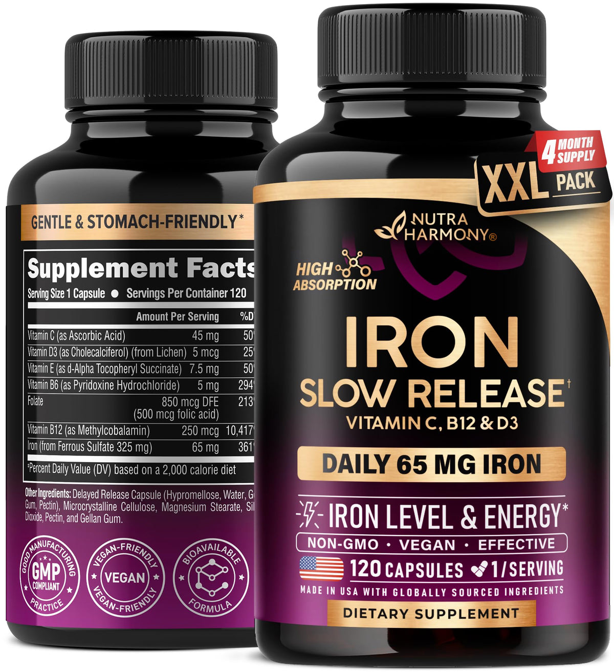 NUTRAHARMONY Iron 65mg bottle with slow-release formulation for steady absorption.