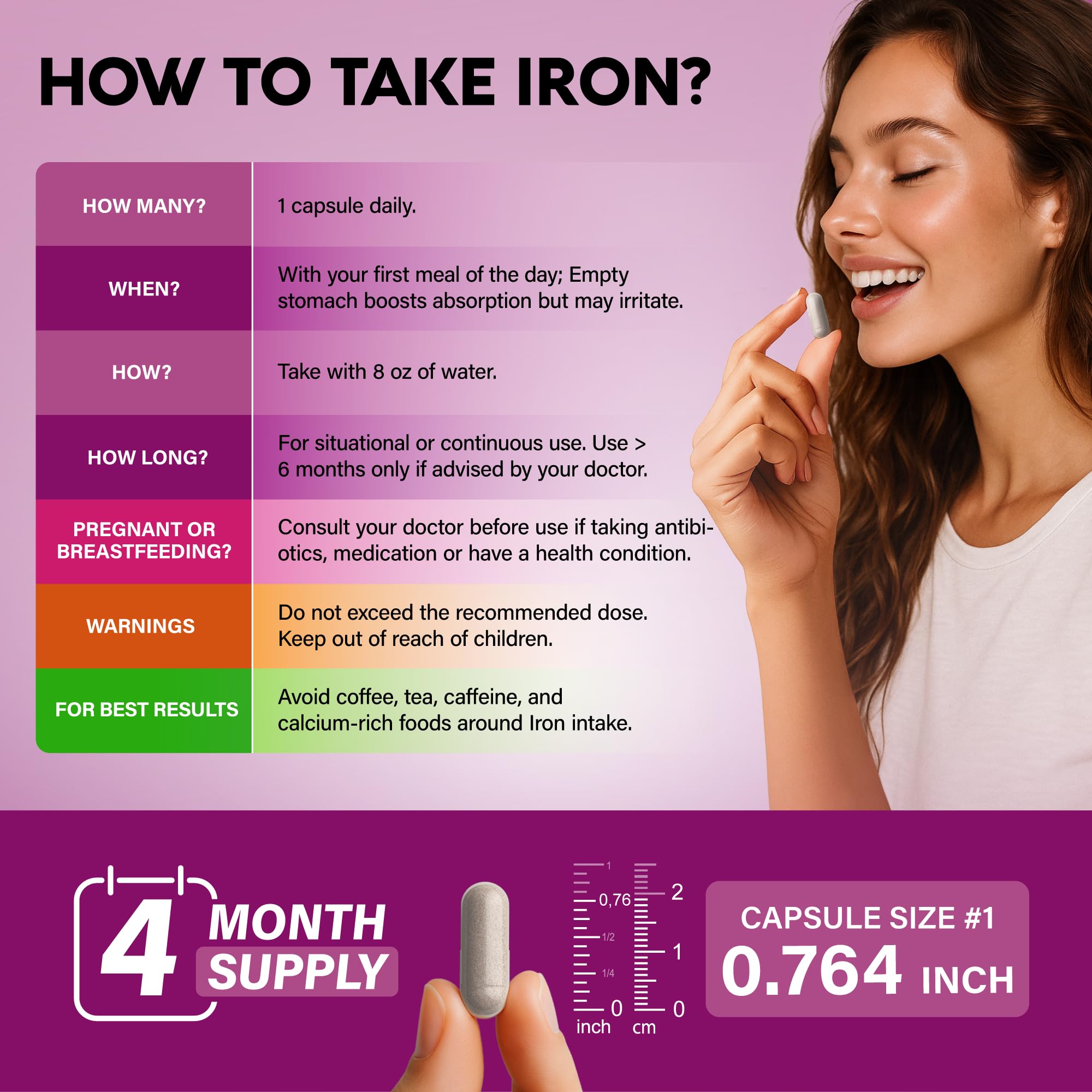 NUTRAHARMONY Iron with vitamins C D3 B6 B12 and folate benefits.