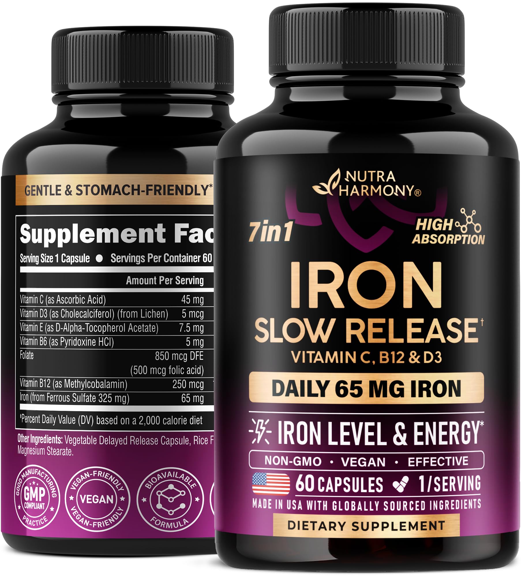 NUTRAHARMONY Iron 65mg bottle promotes gentle iron support for daily use.
