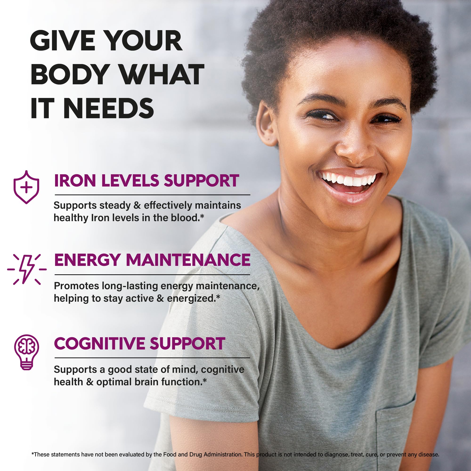 NUTRAHARMONY Iron 65mg delayed-release formula designed for stomach-friendly digestion.