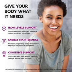 NUTRAHARMONY Iron 65mg delayed-release formula designed for stomach-friendly digestion.