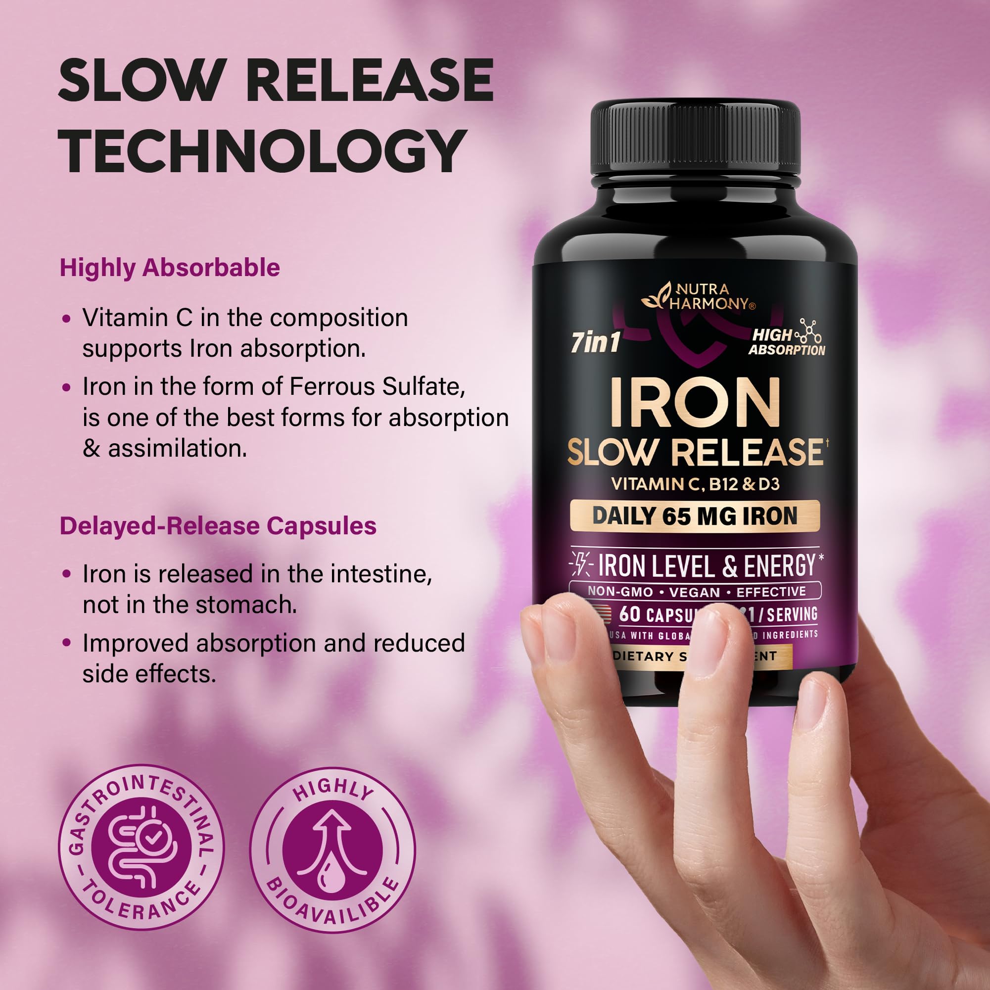 NUTRAHARMONY Iron 65mg includes vitamin C for iron uptake and B12, D3.