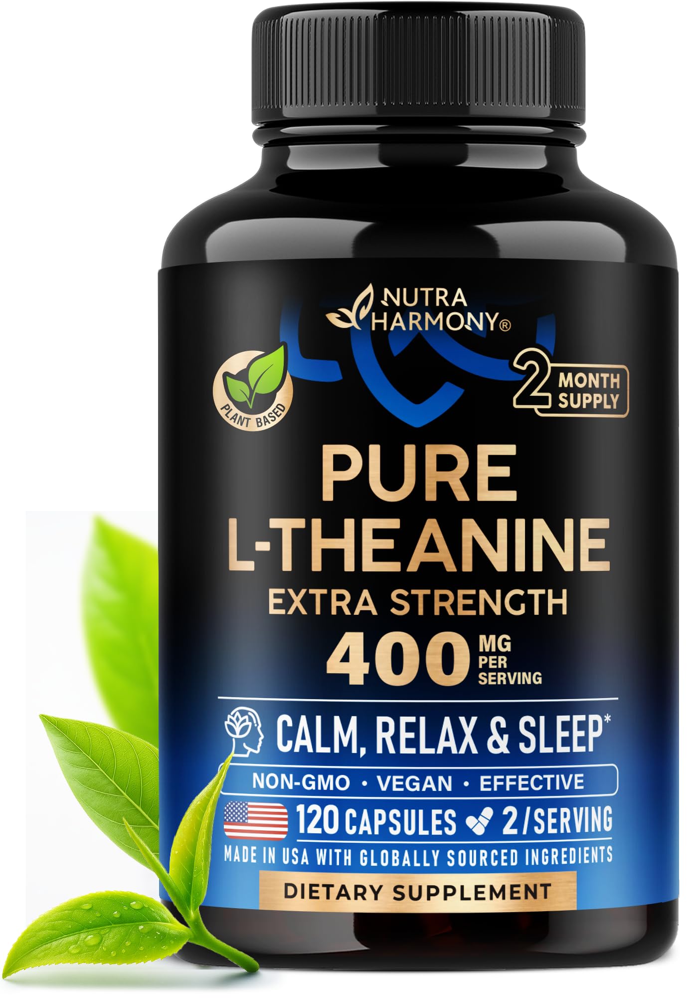 NUTRAHARMONY L-Theanine 400 mg bottle front supports calm focus during busy days.