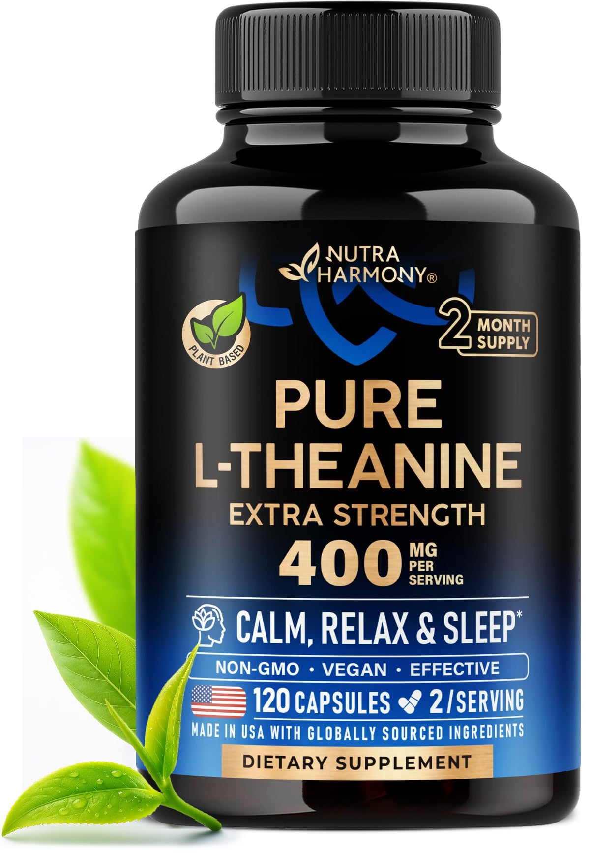 NUTRAHARMONY L-Theanine 400 mg bottle front supports calm focus during busy days.