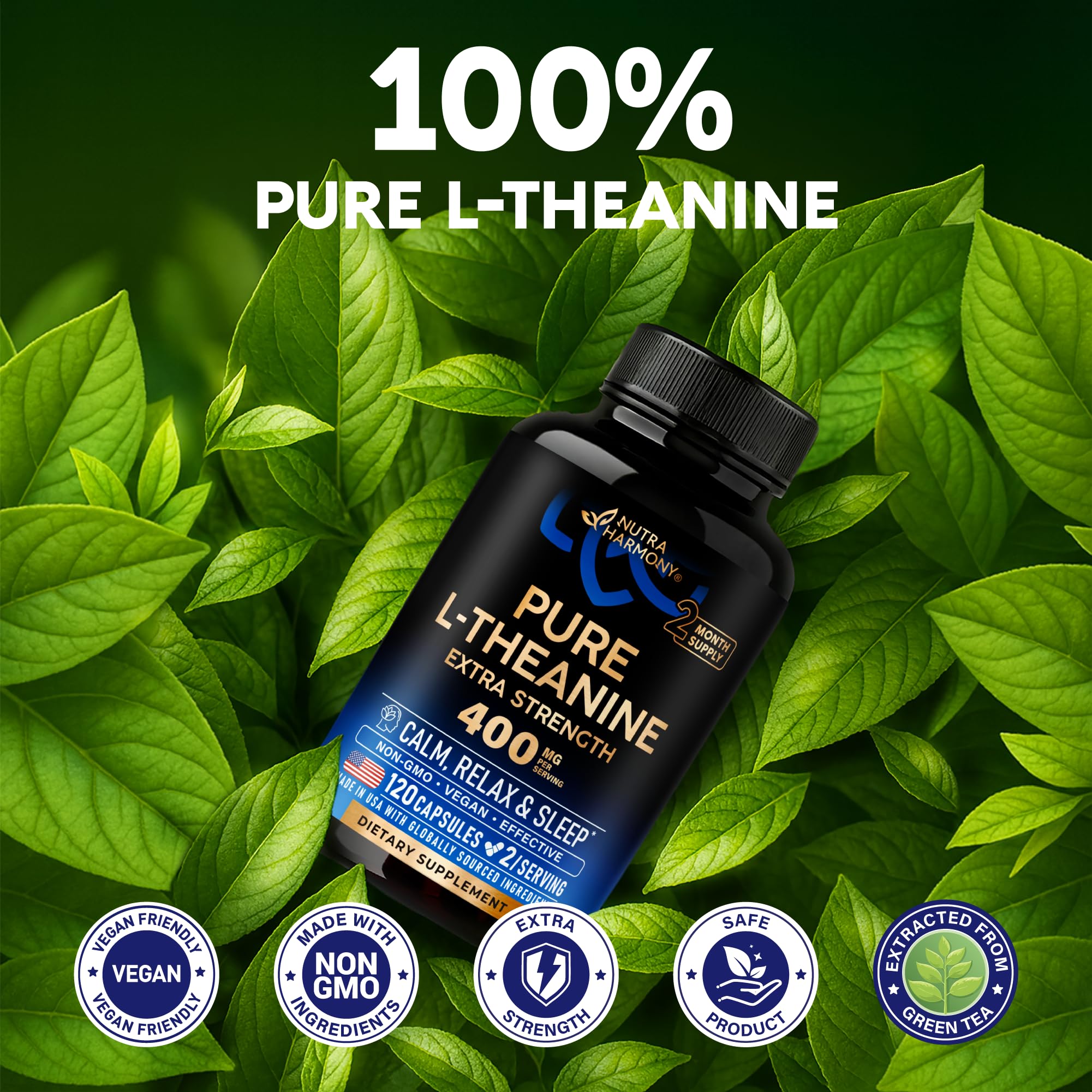 NUTRAHARMONY L-Theanine 400 mg label close-up emphasizes natural green tea origin.