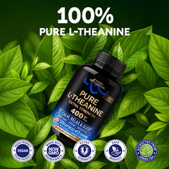 NUTRAHARMONY L-Theanine 400 mg label close-up emphasizes natural green tea origin.