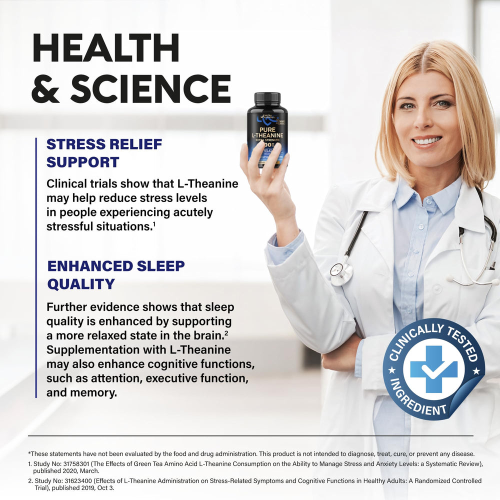 NUTRAHARMONY L-Theanine 400 mg servings image illustrates daily use for balance.