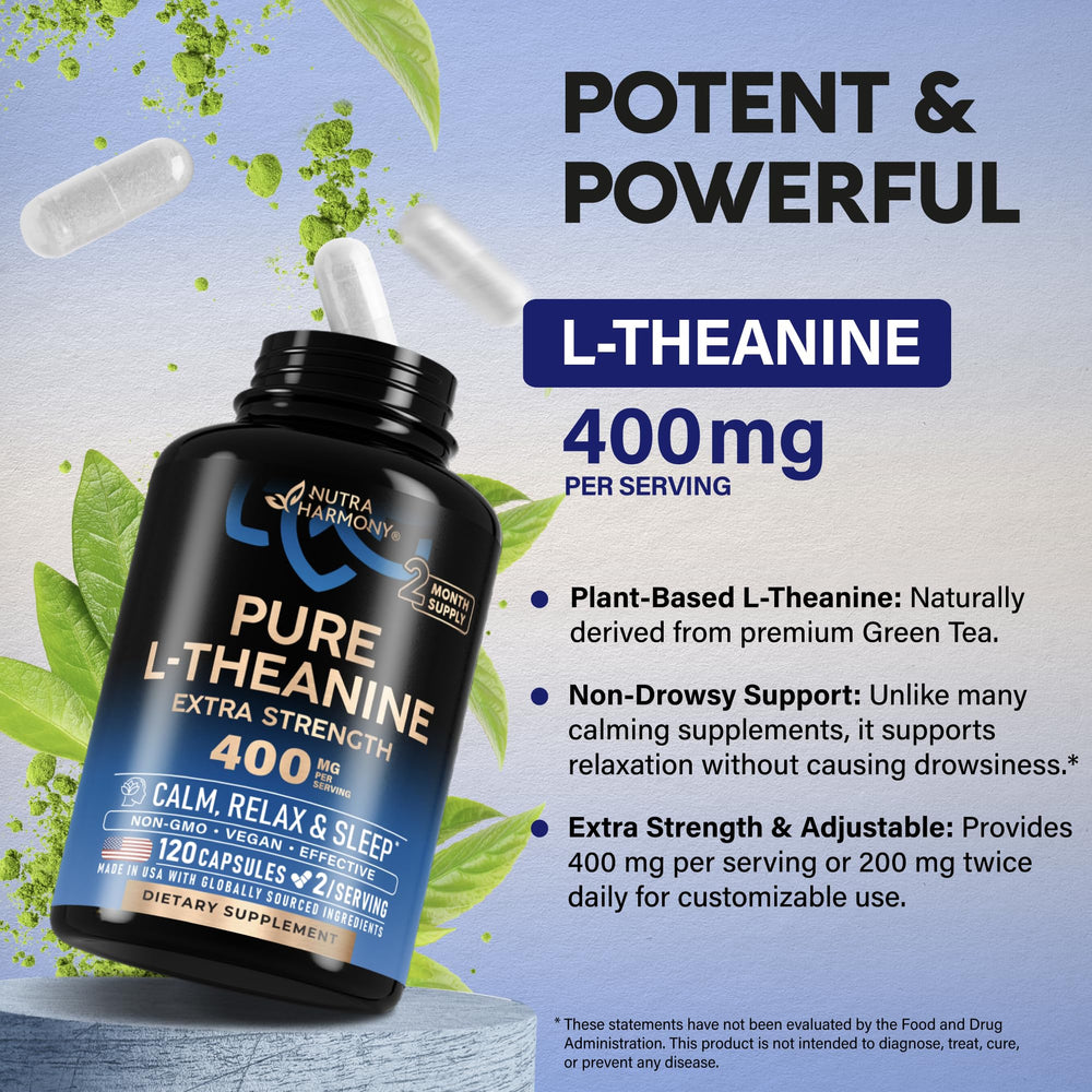 NUTRAHARMONY L-Theanine 400 mg unopened bottle suggests long-lasting supply for routines.