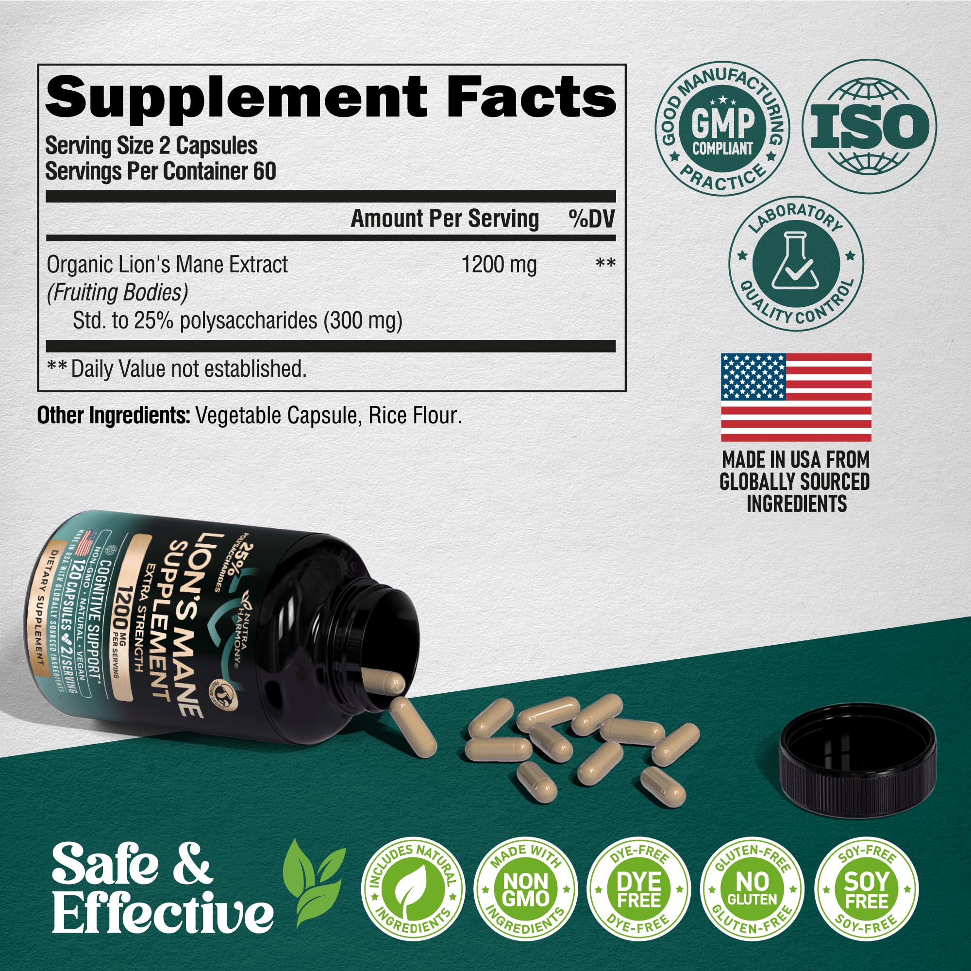 NUTRAHARMONY Lions Mane bottle back label showing dosage and allergen info.