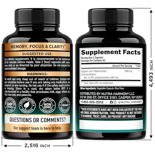 NUTRAHARMONY Lions Mane capsules close-up showing uniform capsules for easy dosing.