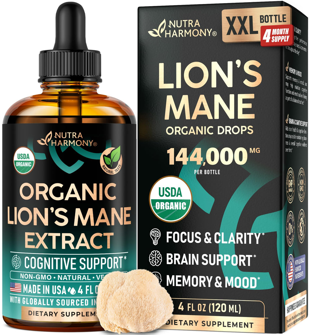 NUTRAHARMONY Lions Mane Liquid bottle on wood supports daily focus