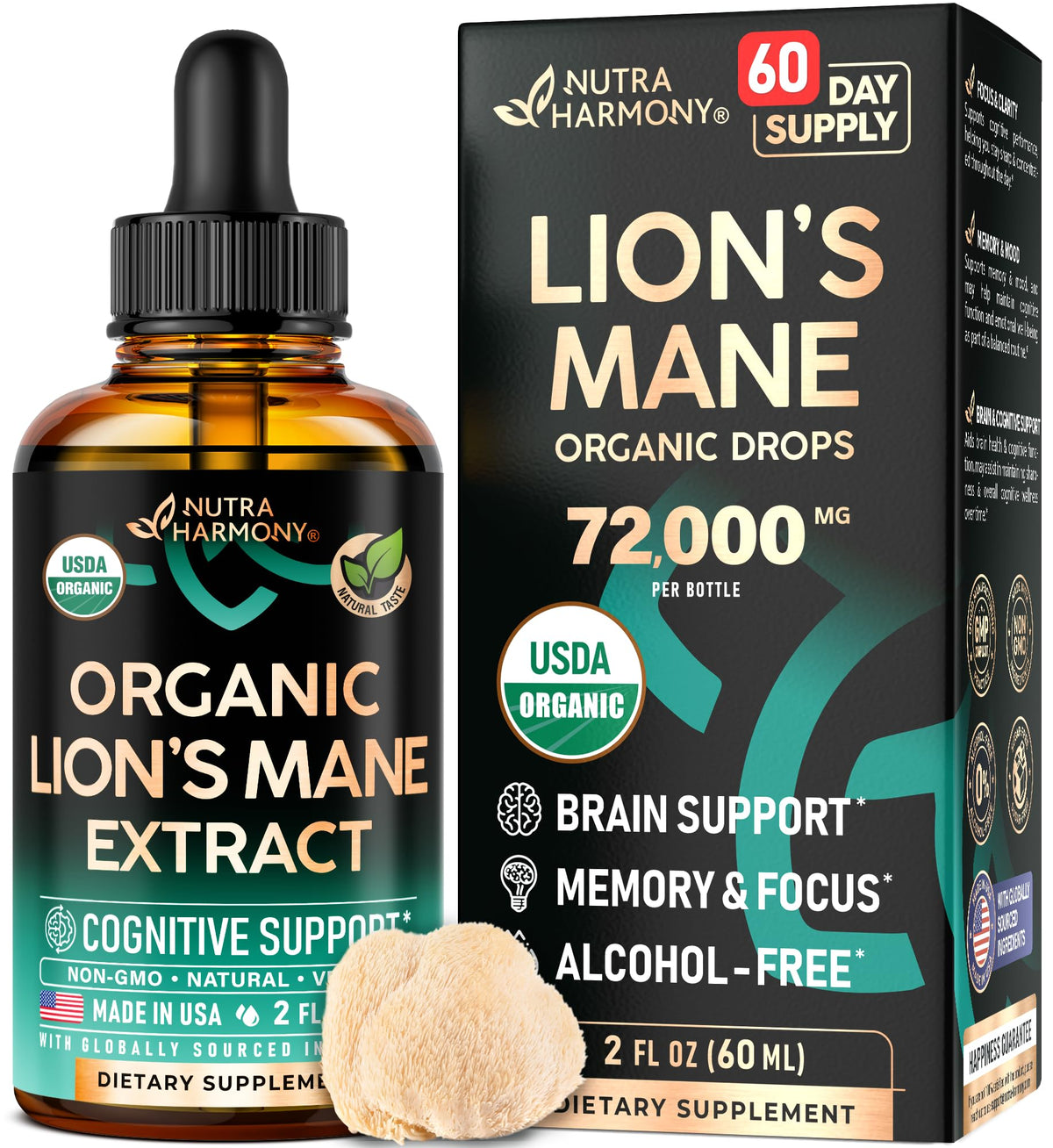 NutraHarmony Lions Mane Liquid bottle on desk ready for daily brain support.