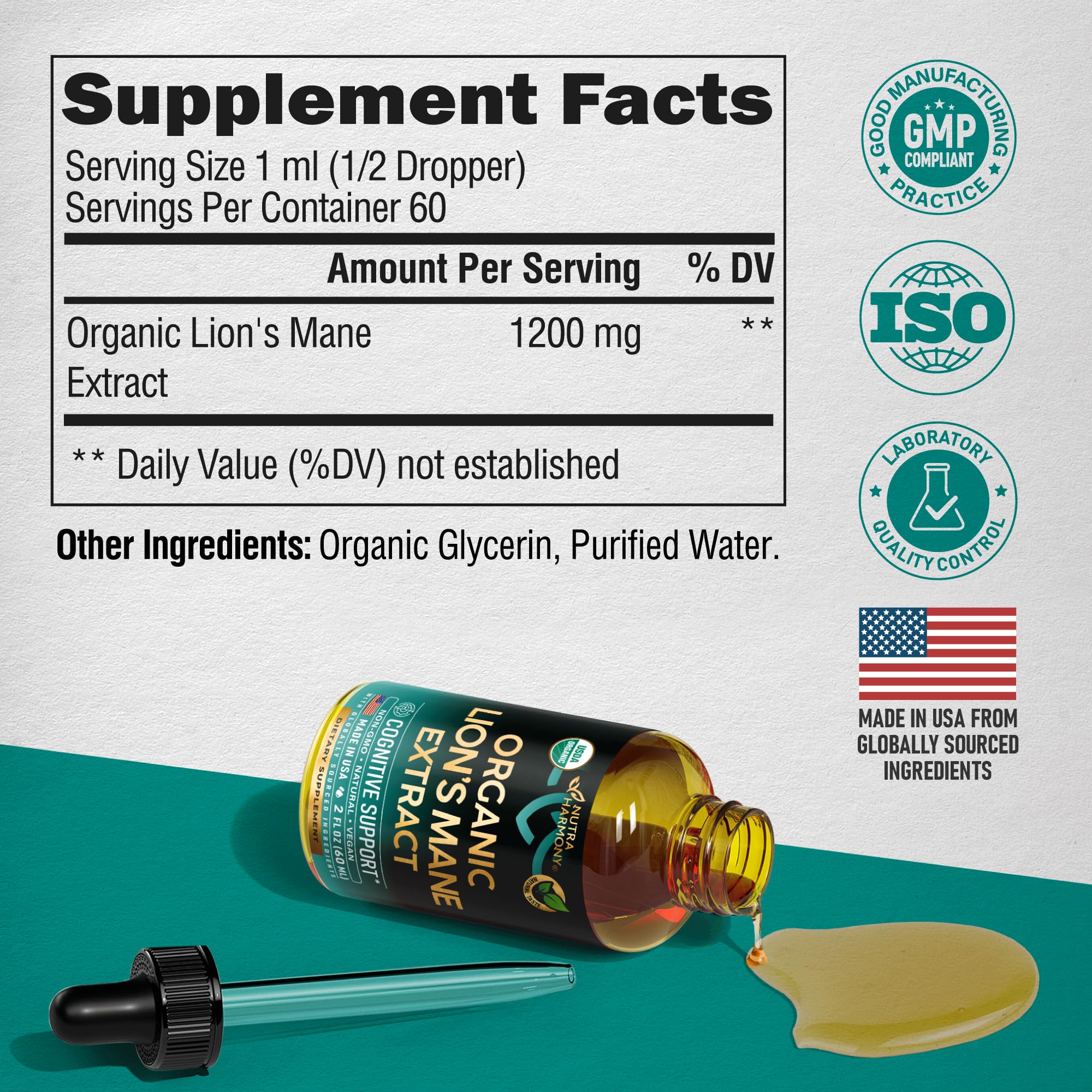 NutraHarmony Lions Mane Liquid close-up showcases natural taste and liquid texture.