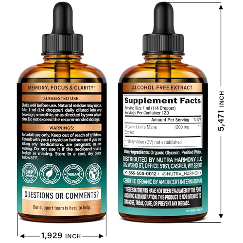 NUTRAHARMONY Lions Mane Liquid dropper close-up for precise dosing helps memory