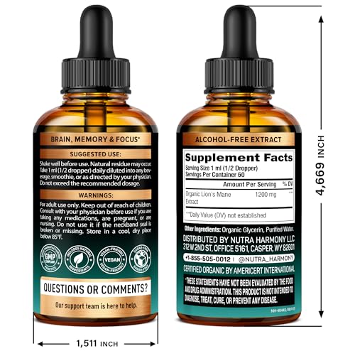 NutraHarmony Lions Mane Liquid drops dispense clearly from a dropper for easy use.