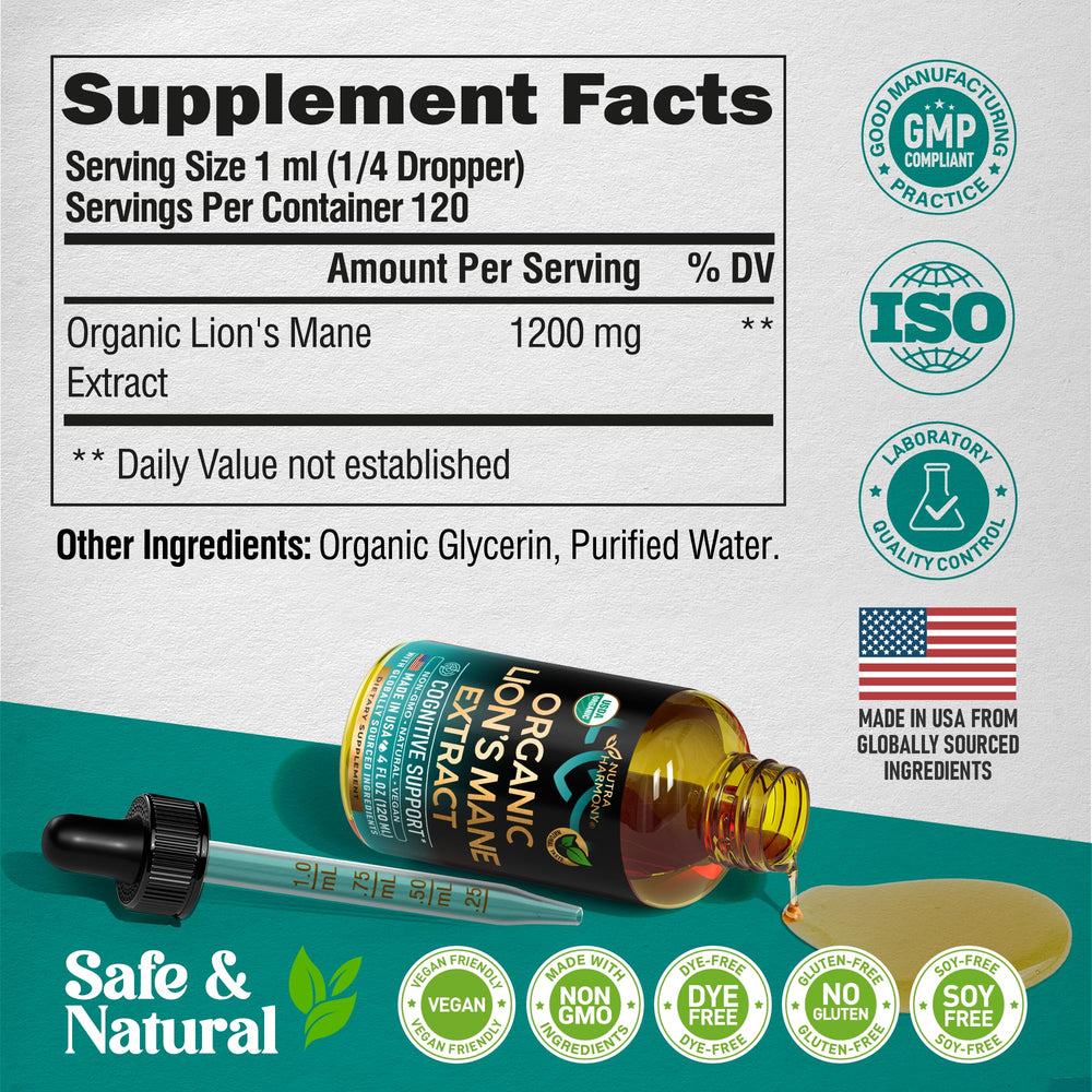 NUTRAHARMONY Lions Mane Liquid vegan-sugar-free formula promotes clean energy