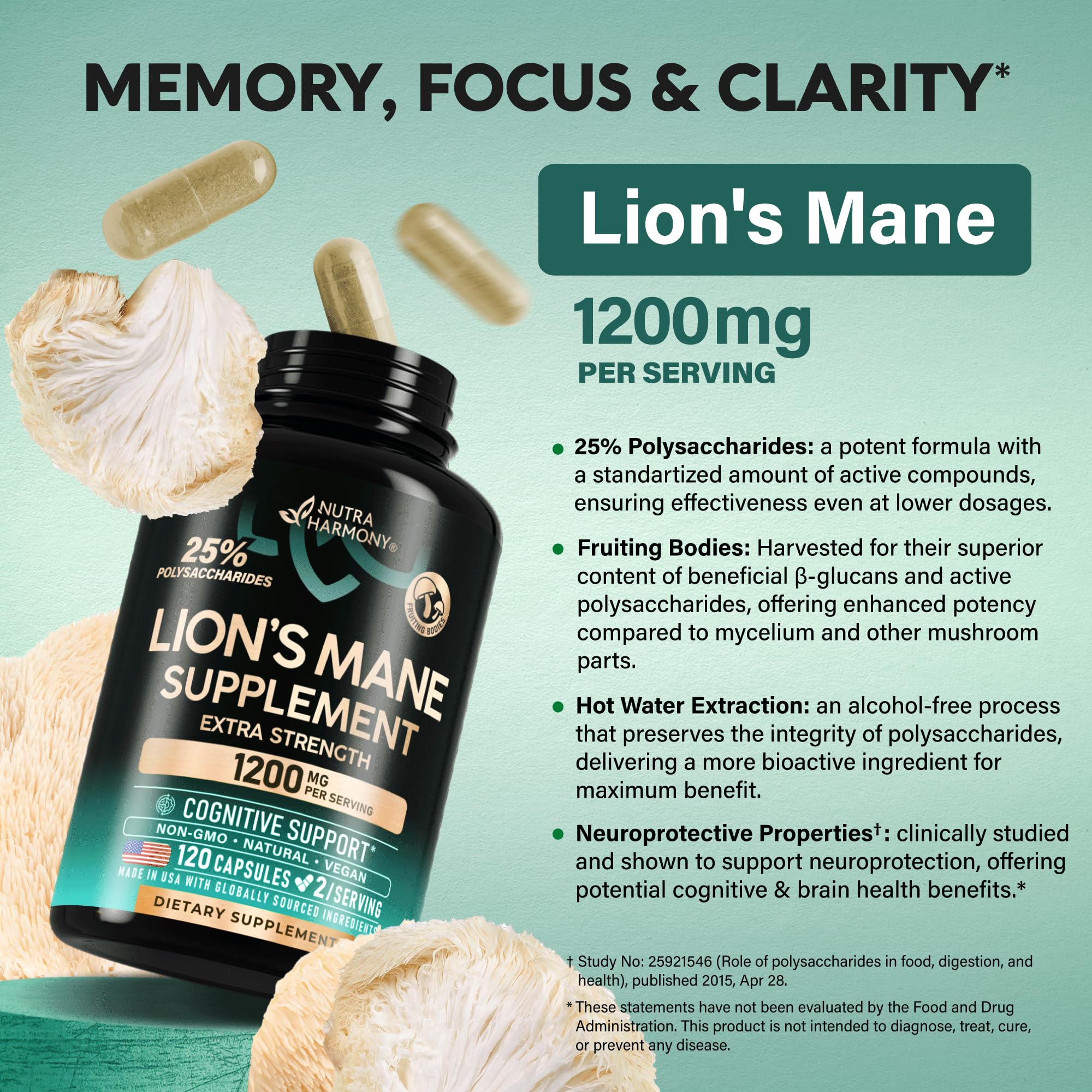 NUTRAHARMONY Lions Mane packaging highlighting USA-made standard and vegan formula.
