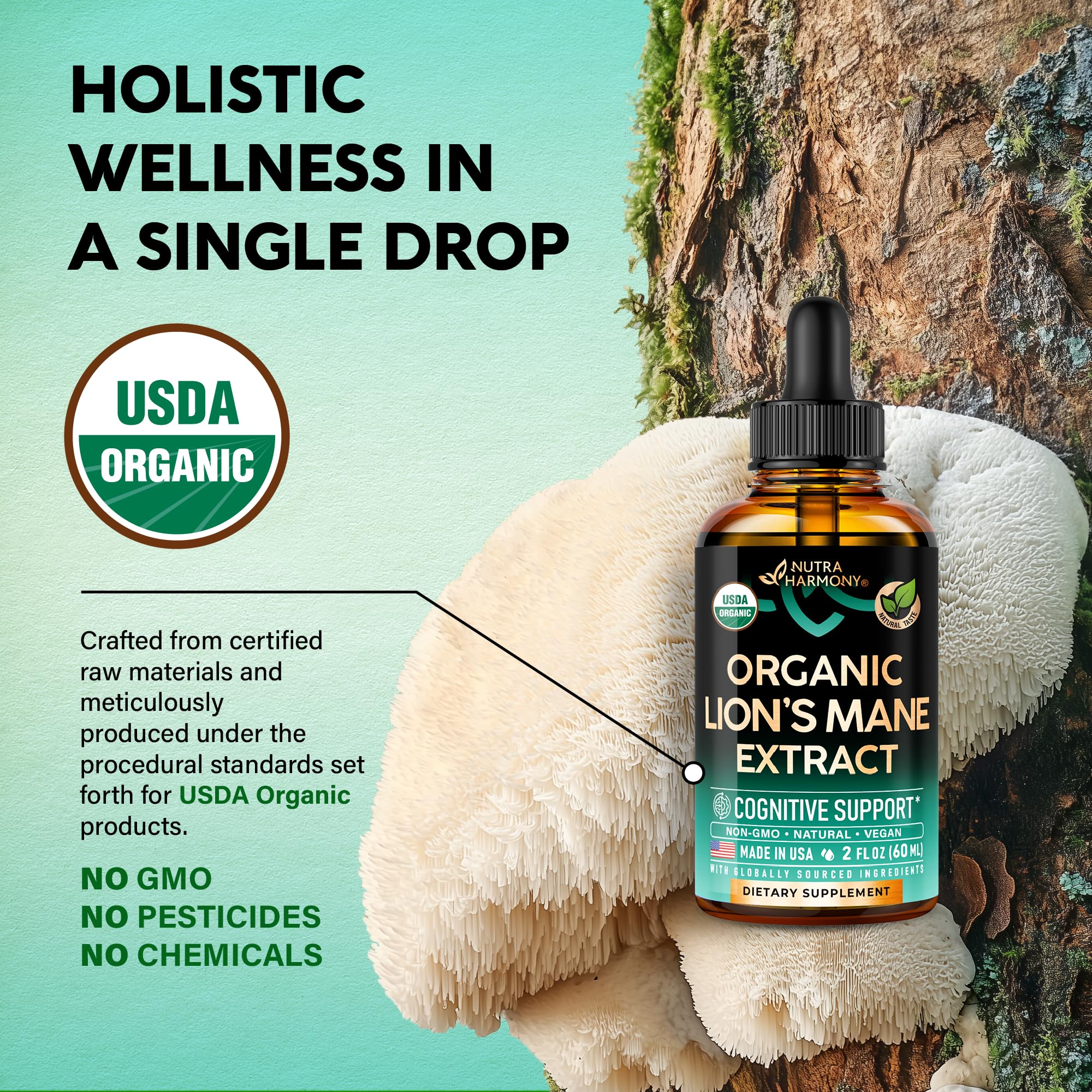 NutraHarmony Lions Mane Liquid vegan label highlights plant-based brain support.