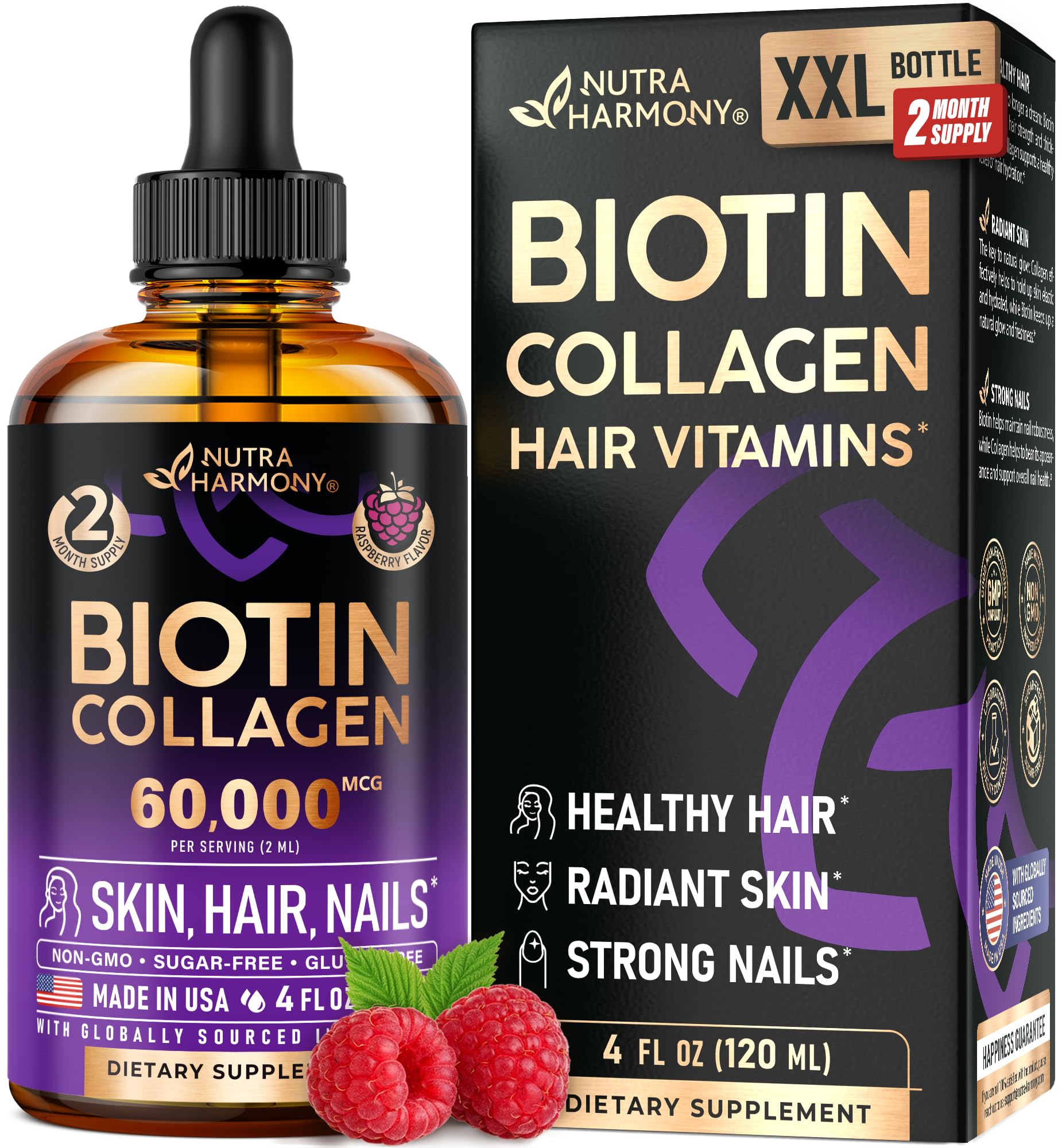 NutraHarmony liquid biotin and collagen bottle shows 60,000 mcg per serving for hair and nails.