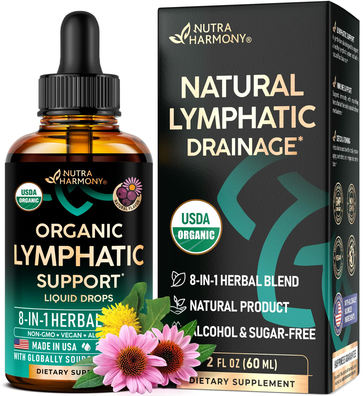 NUTRAHARMONY lymph drainage drops bottle with organic blend for daily balance and gentle support