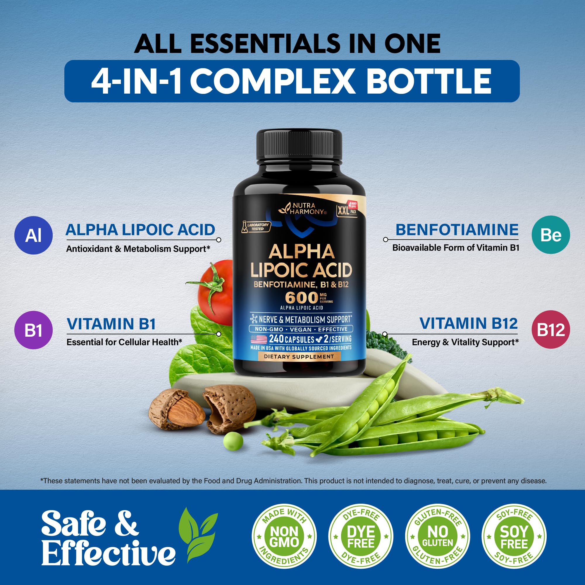 NUTRAHARMONY USA-made GMP-certified production label on bottle.