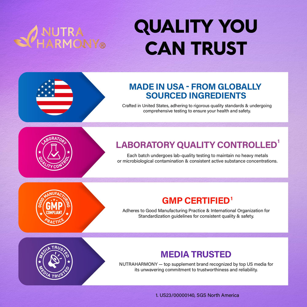 NutraHarmony USA-made facility label signals quality manufacturing.