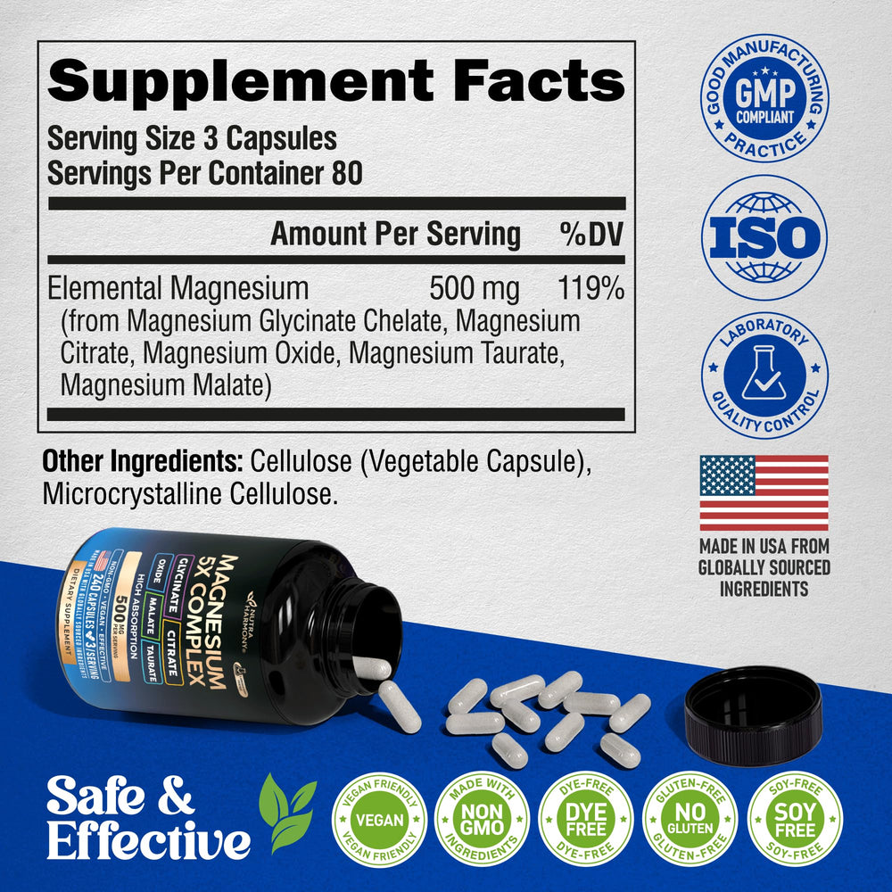 NutraHarmony 5-in-1 complex bottle on a bedside table for sleep support