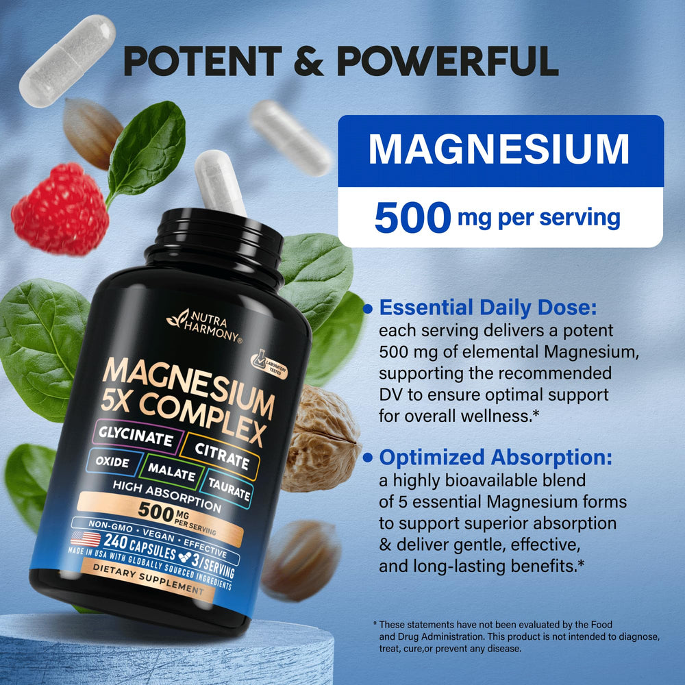 NutraHarmony magnesium box packaging displayed beside a glass of water