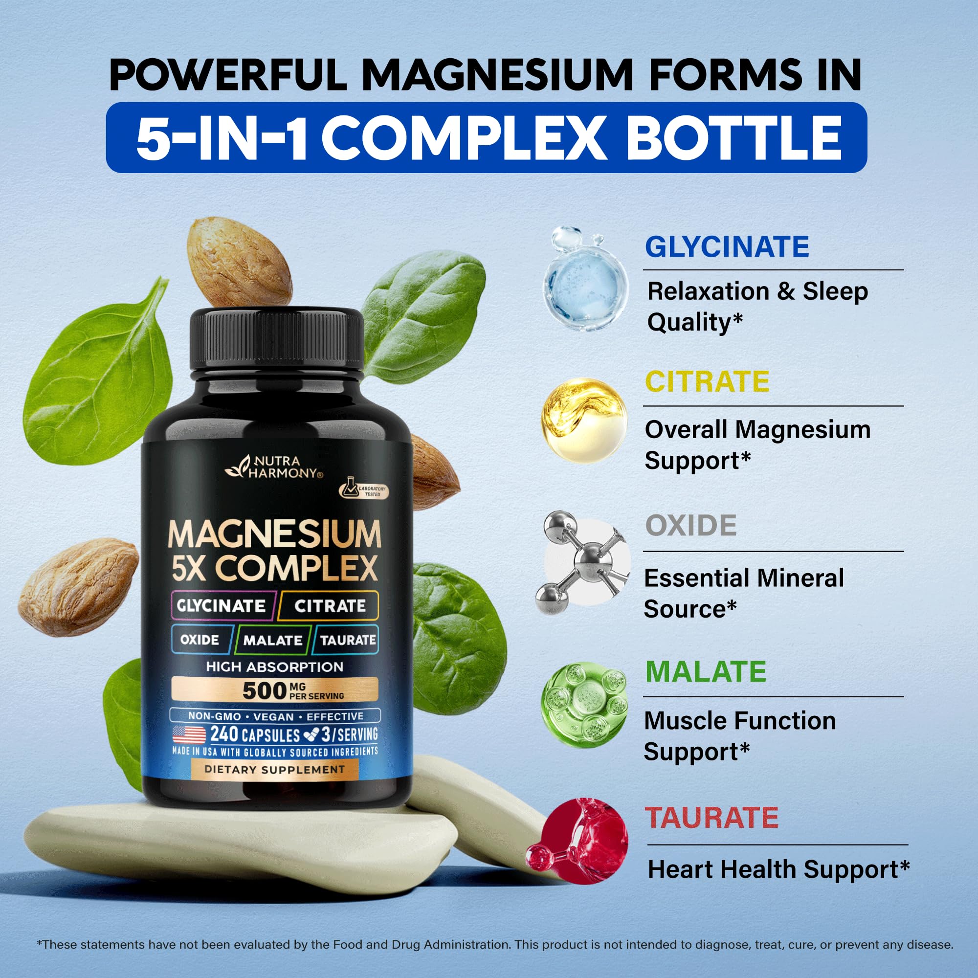 NutraHarmony magnesium 5-in-1 complex bottle with supplement scoop for easy dosing