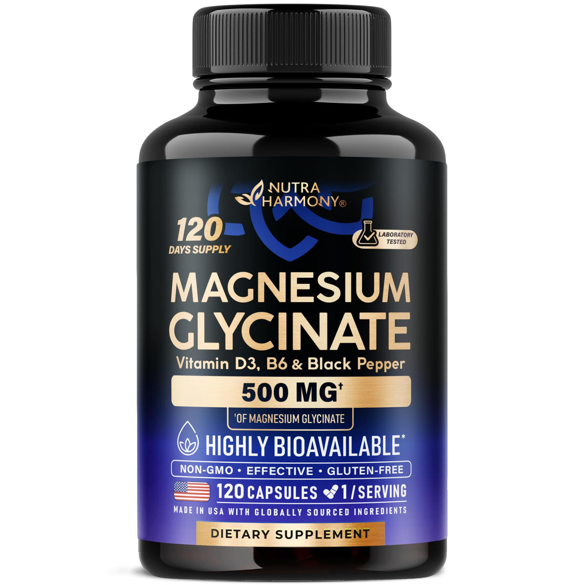 NUTRAHARMONY Magnesium Glycinate 500 mg bottle front view—high absorption.
