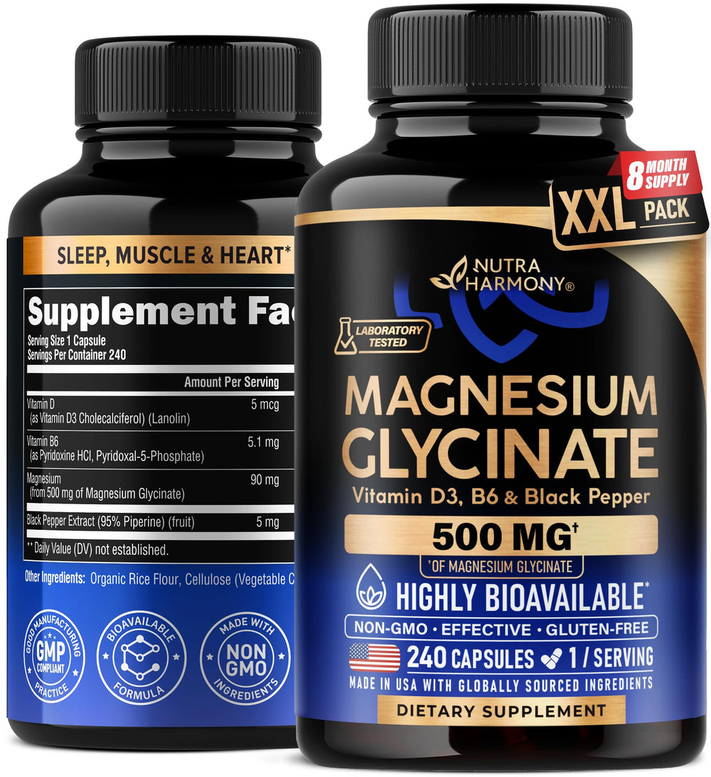 nutraharmony magnesium glycinate 500mg bottle on desk supports restful sleep and comfortable muscles