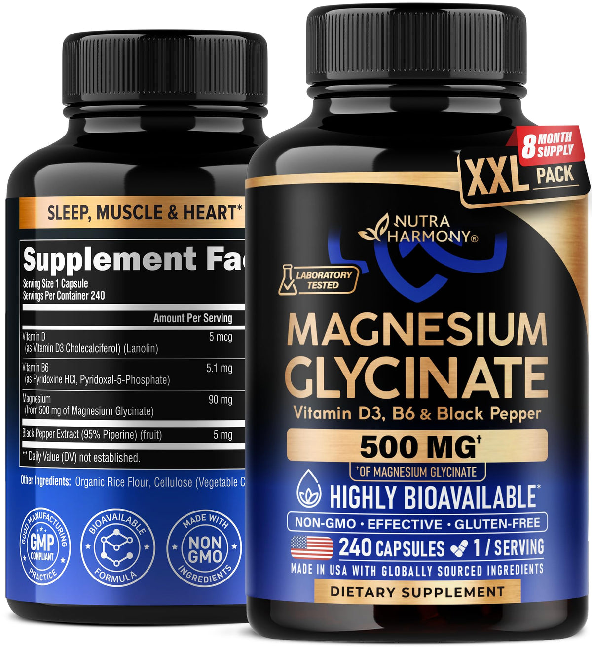 nutraharmony magnesium glycinate 500mg bottle on desk supports restful sleep and comfortable muscles