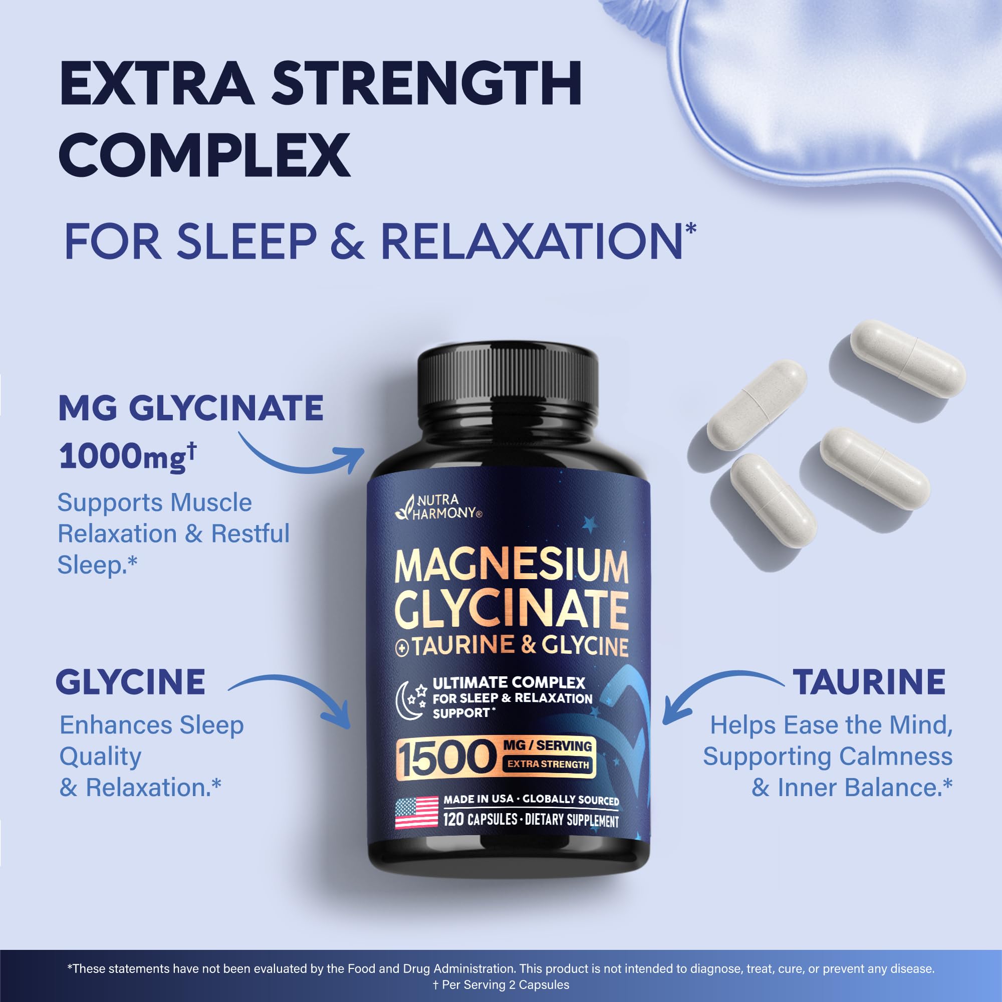 NutraHarmony Magnesium Glycinate capsules beside water for bedtime routine.