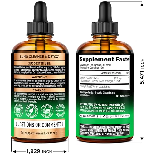NUTRAHARMONY Mullein Drops bottle pour shows easy daily use for lung comfort.