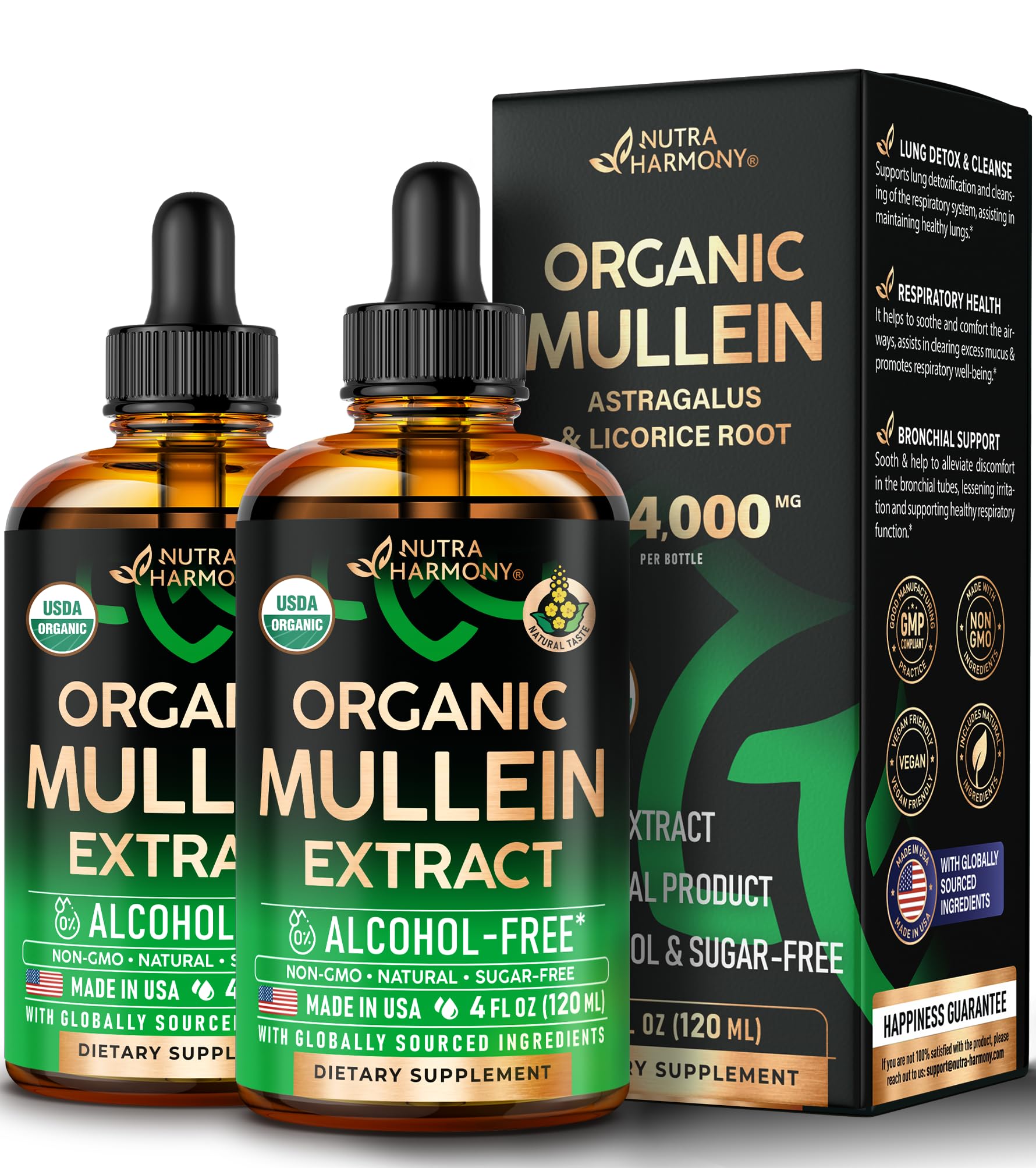 NutraHarmony Mullein Drops bottle pour shows a smooth herbal liquid for lungs.