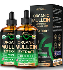 NutraHarmony Mullein Drops bottle pour shows a smooth herbal liquid for lungs.