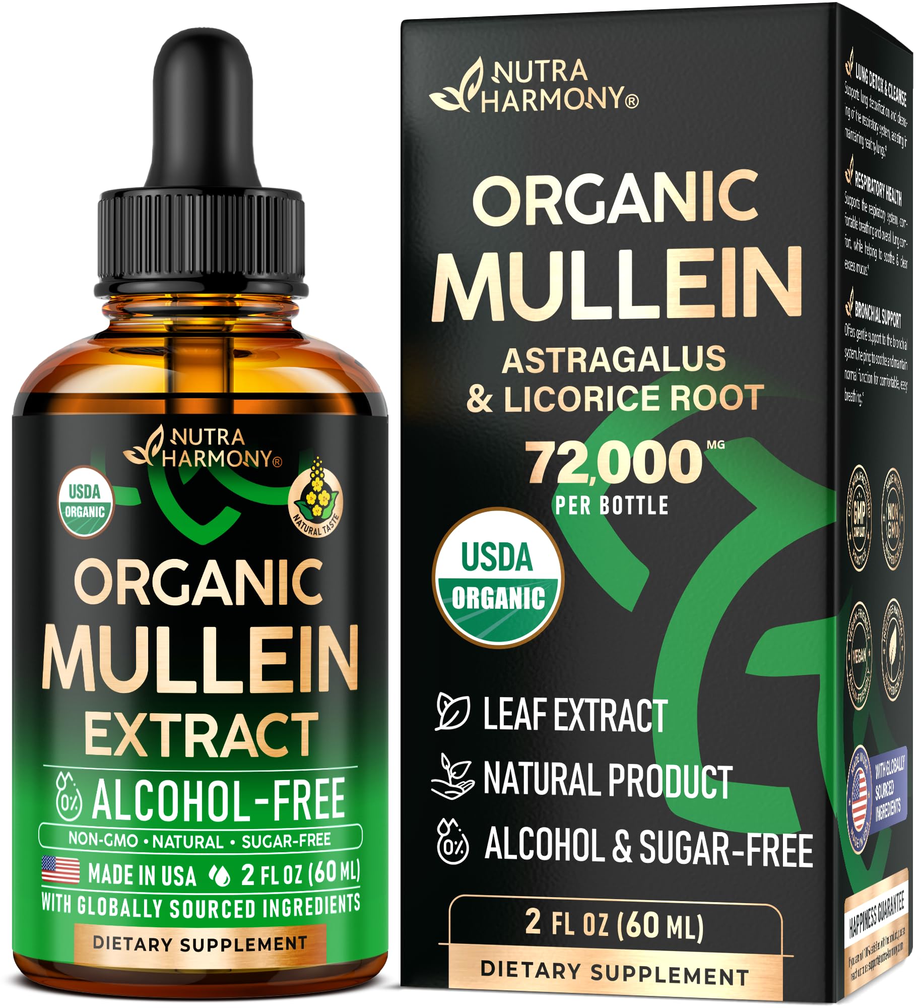 NutraHarmony Mullein Drops bottle shows organic lung support for daily wellness.